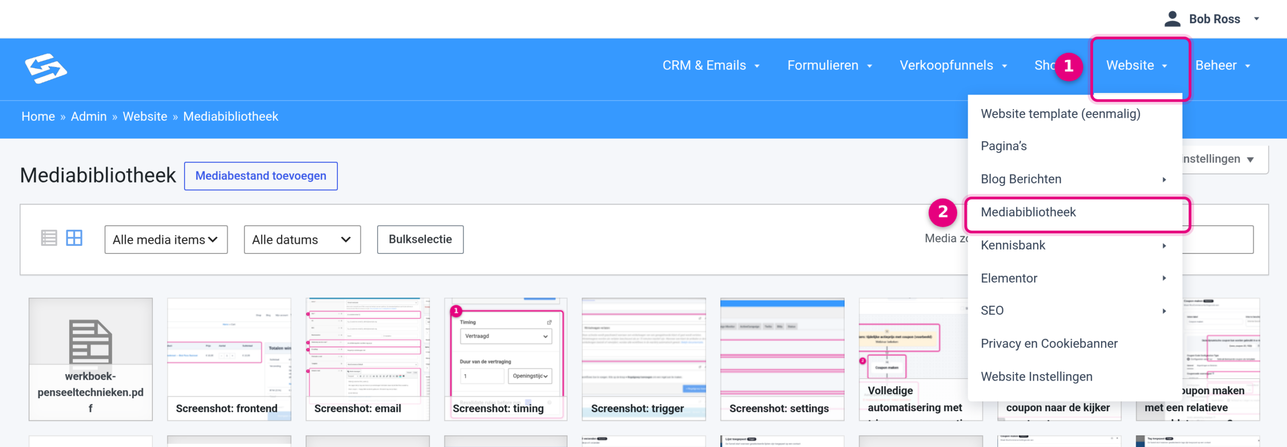 Het Website-menu met het menu-item Mediabibliotheek