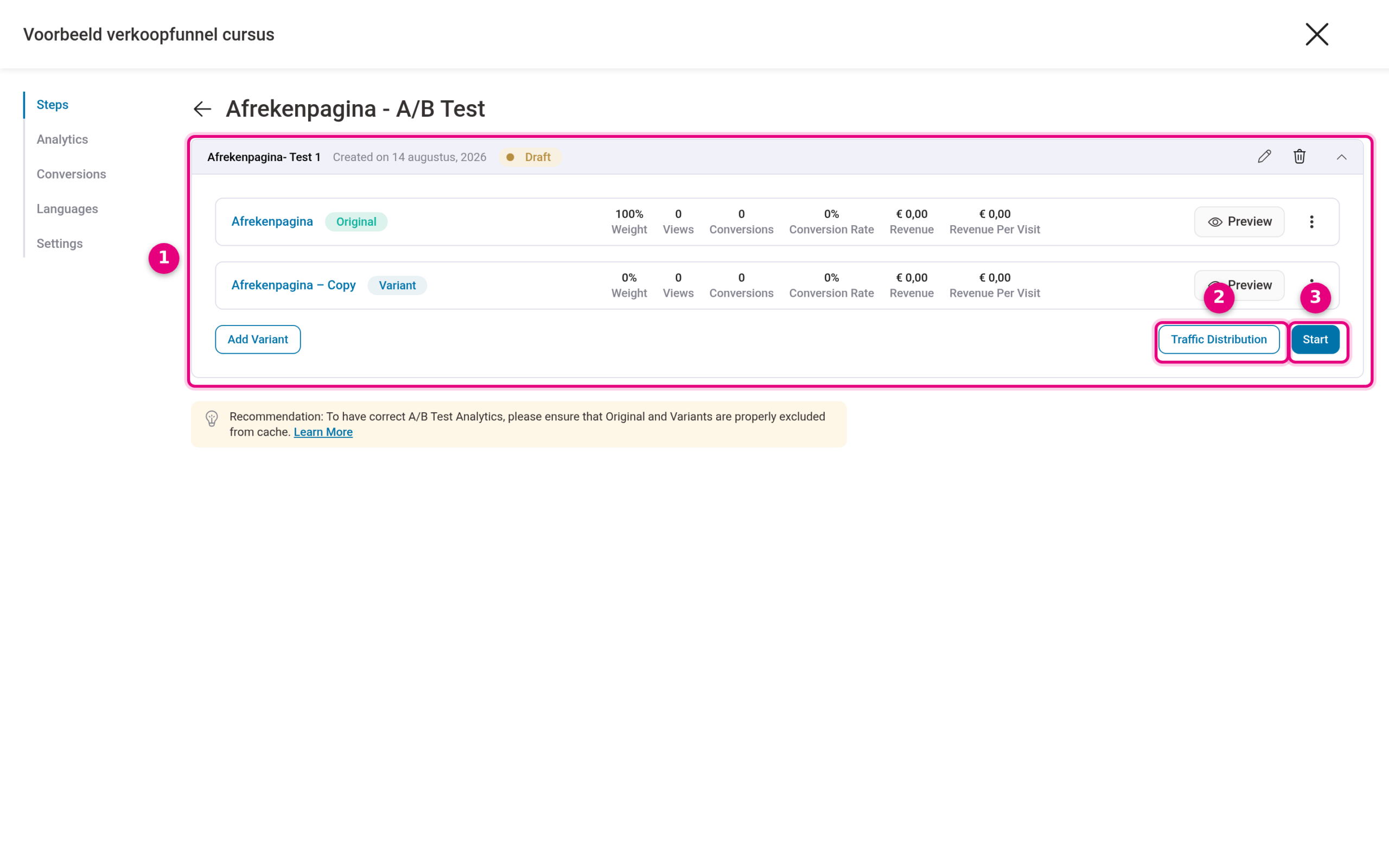 De A/B-test met origineel en variant, klaar om te starten