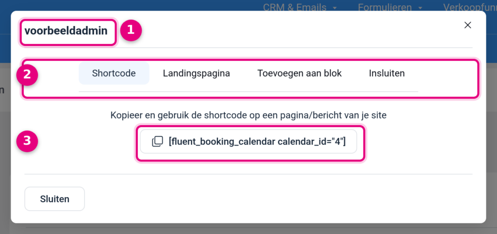 Het deelvenster op hostniveau met de shortcode van de kalender