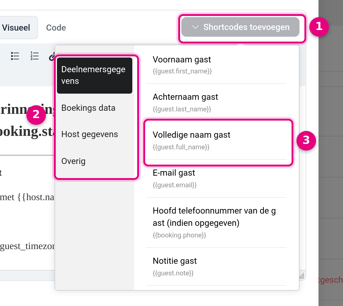 De lijst met beschikbare shortcodes met de groepen Deelnemersgegevens, Boekings data, Host gegevens en Overig