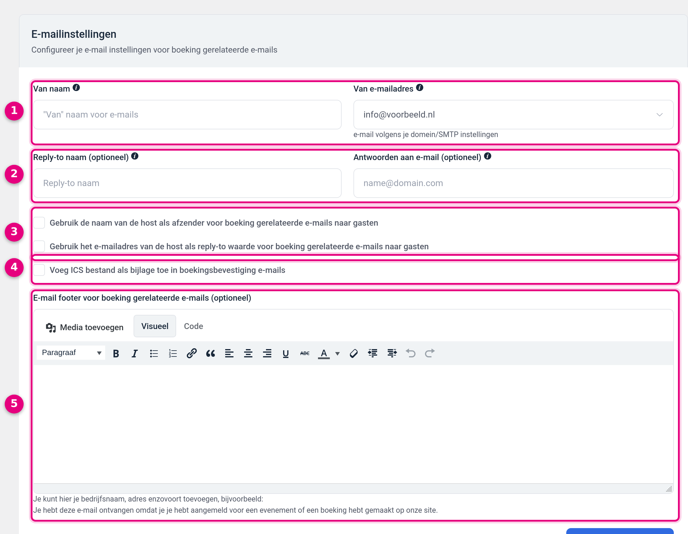 Het blok E-mailinstellingen in de algemene instellingen van de Afspraken module
