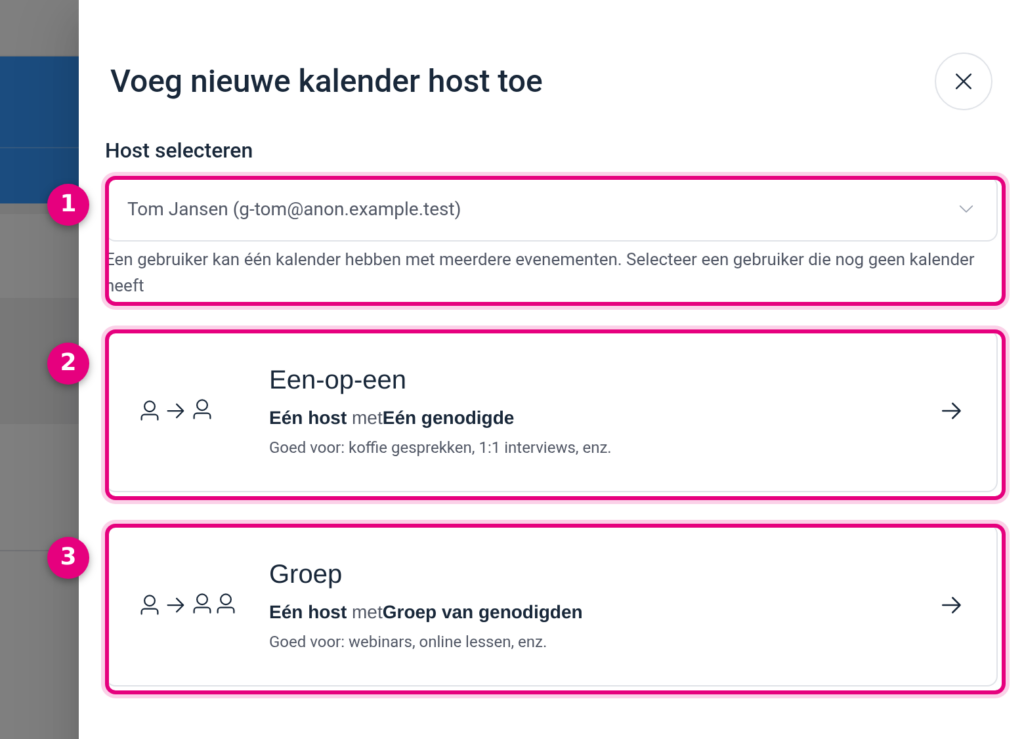 Het venster Voeg nieuwe kalender host toe met het veld Host selecteren en de keuzes Een-op-een en Groep