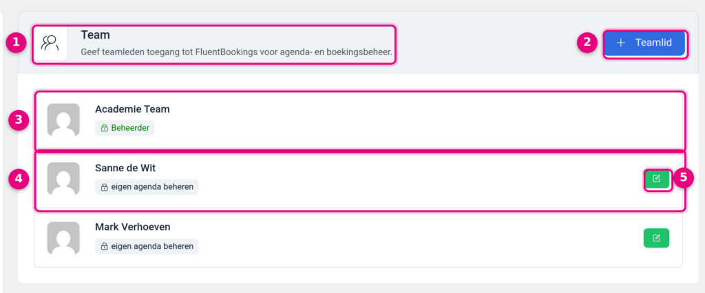 Het scherm Team met de knop Teamlid en een lijst met teamleden en hun rol