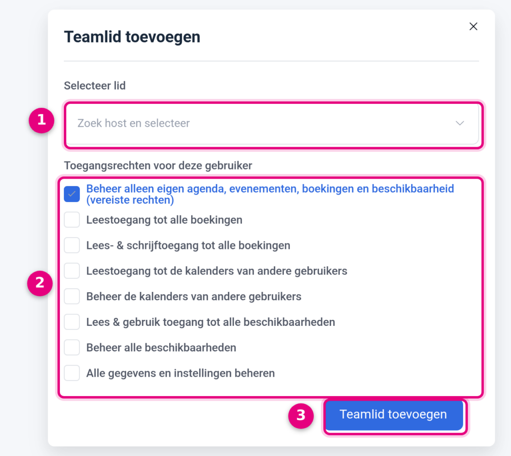 Het venster Teamlid toevoegen met het veld Selecteer lid en de acht toegangsrechten