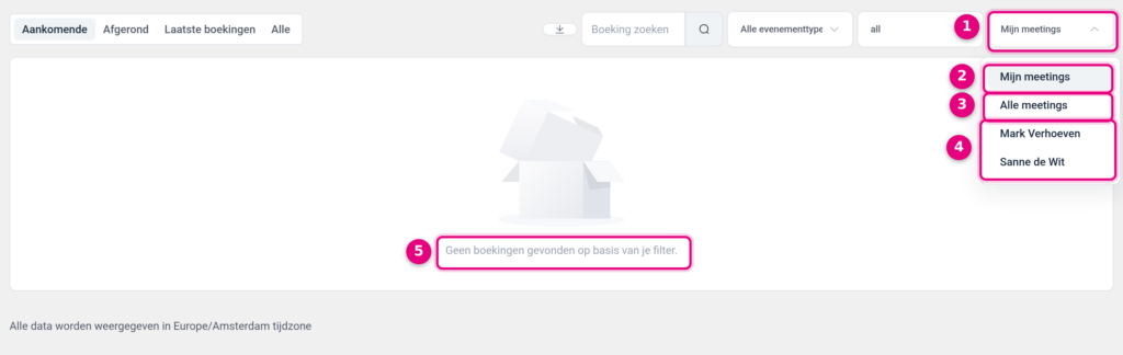Het tabblad Boekingen met het hostfilter open op Mijn meetings, Alle meetings en de namen van de hosts