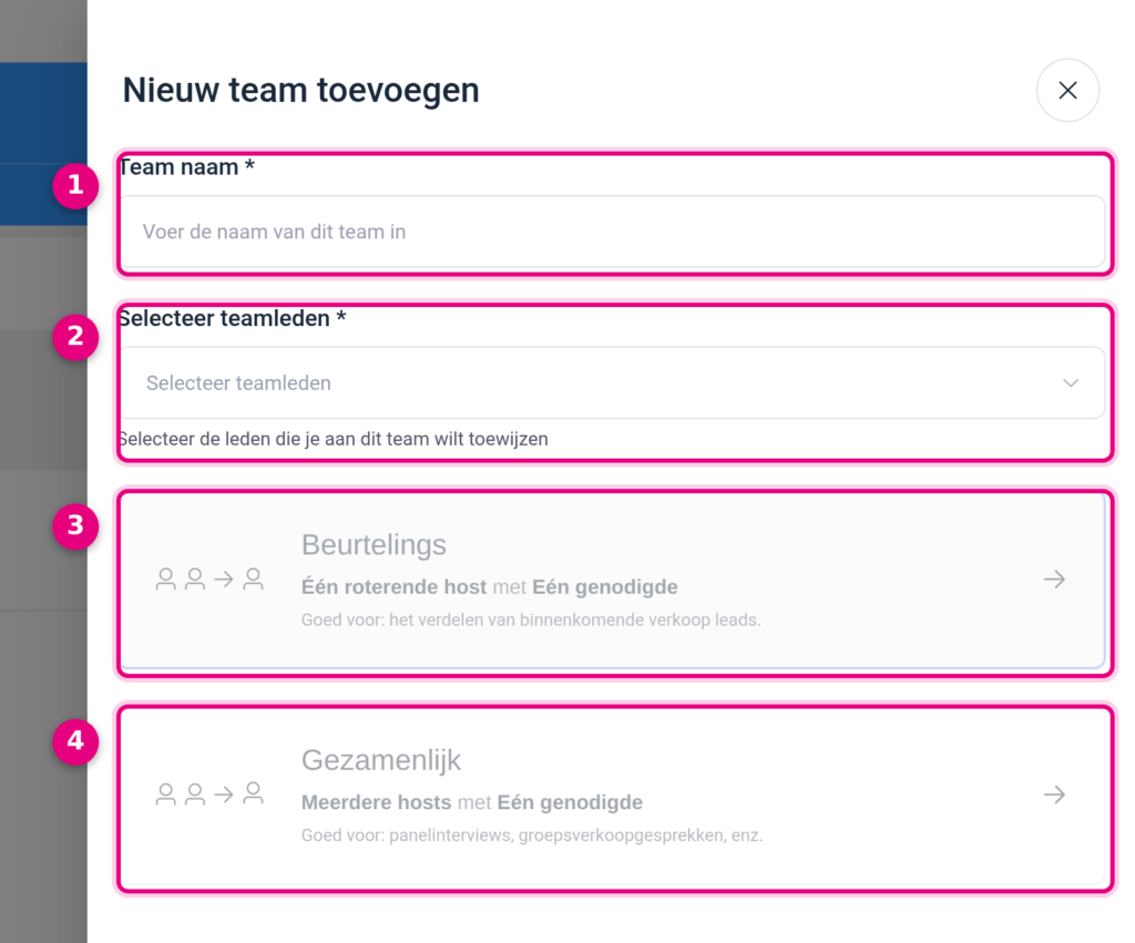 Het venster Nieuw team toevoegen met de velden Team naam en Selecteer teamleden en de keuzes Beurtelings en Gezamenlijk