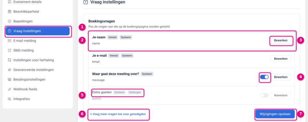 Het tabblad Vraag instellingen met de vier standaard boekingsvragen
