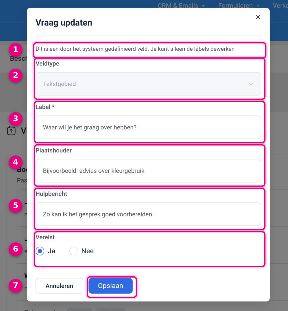 Het venster Vraag updaten met de velden Label, Plaatshouder, Hulpbericht en Vereist