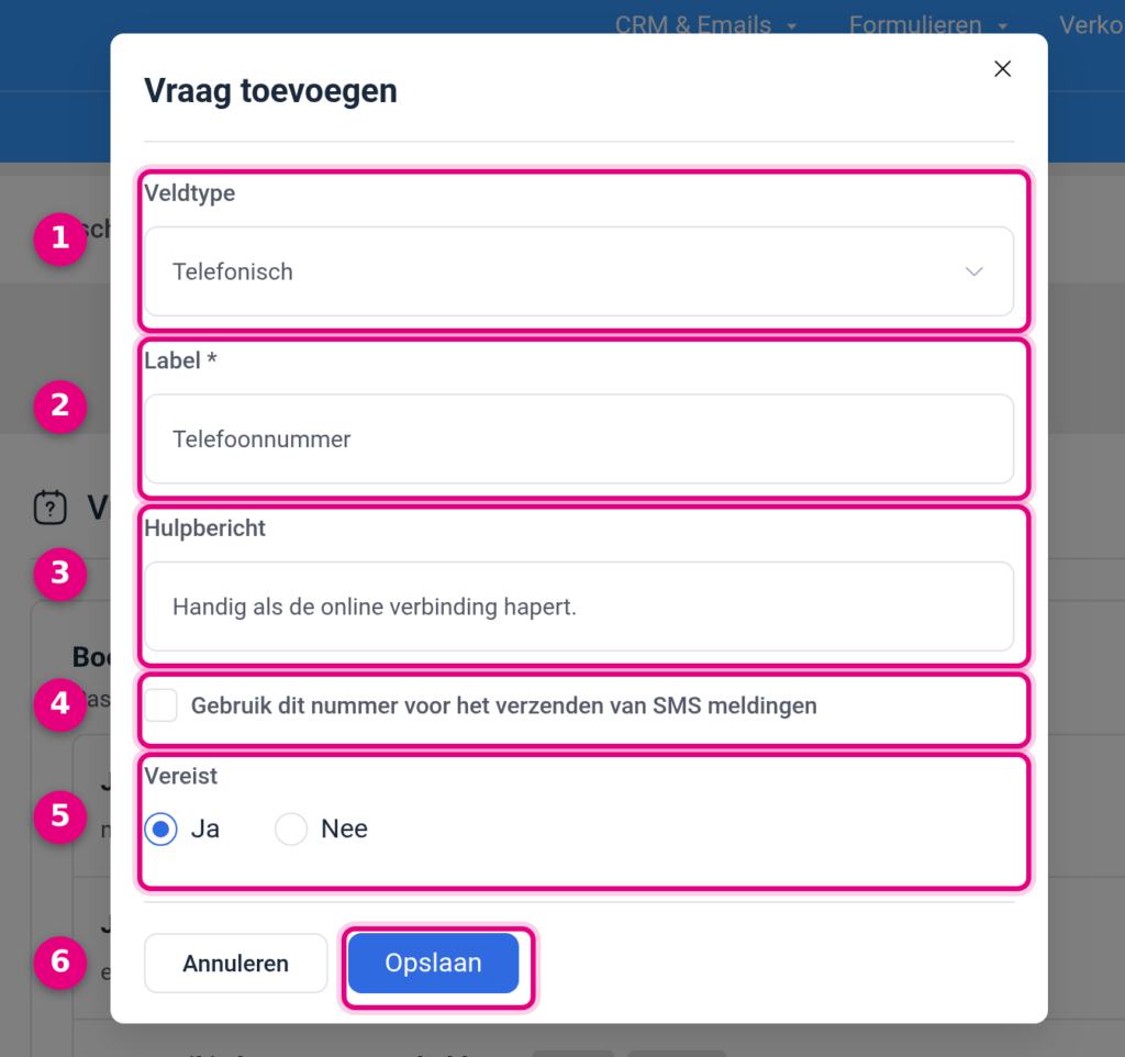 Het venster Vraag toevoegen met veldtype Telefonisch en het label Telefoonnummer