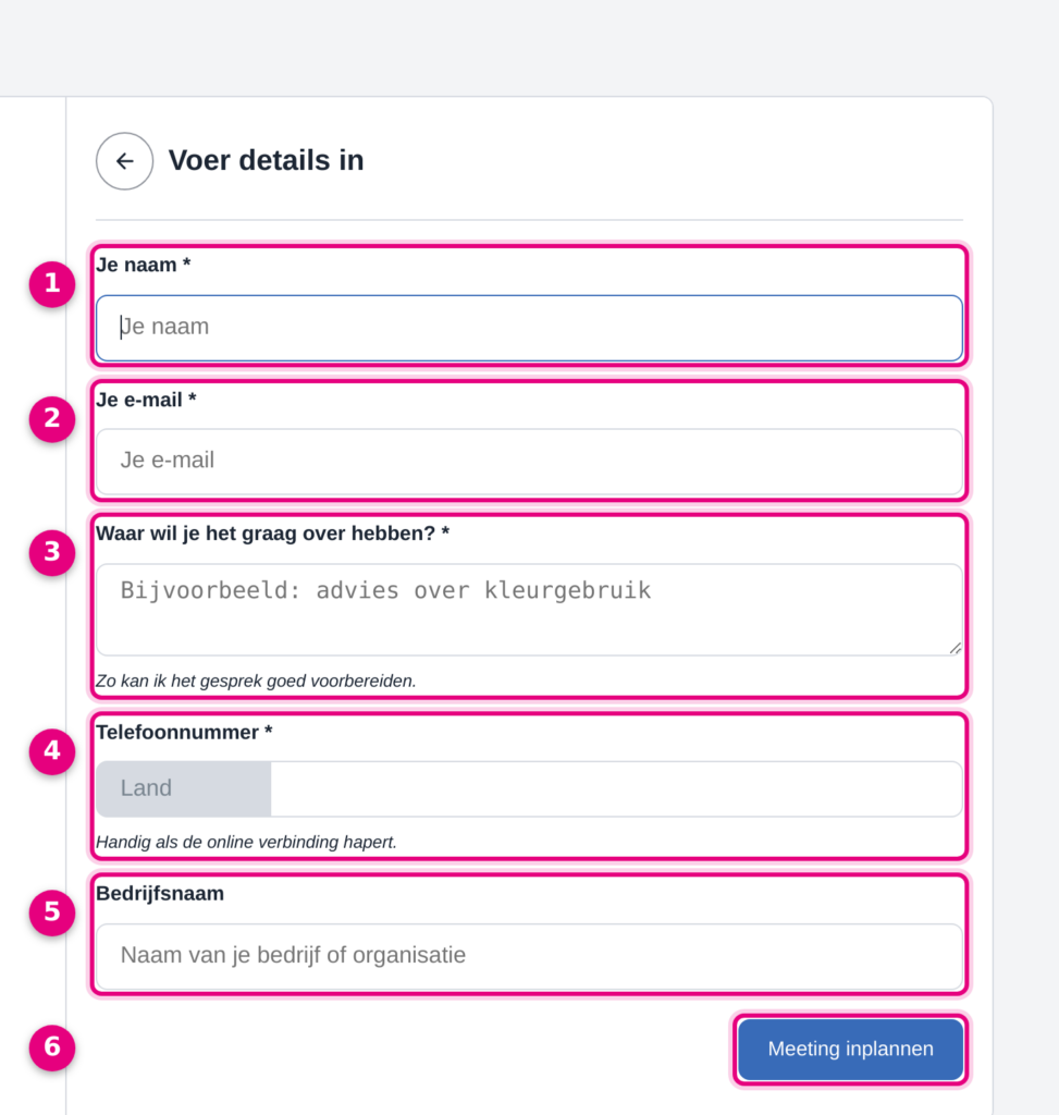 Het boekingsformulier op de website met alle ingestelde vragen