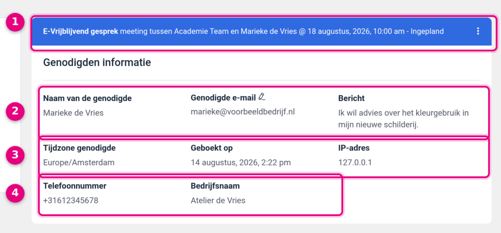 Het detailscherm van een boeking met de antwoorden op de boekingsvragen