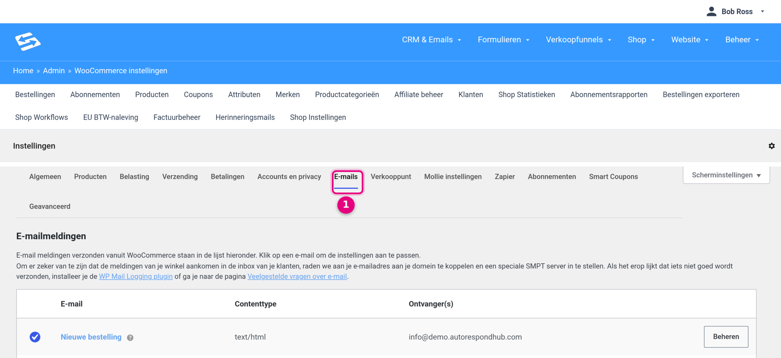 Shop Instellingen met het tabblad E-mails geselecteerd