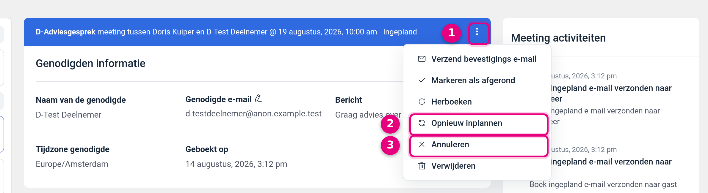 Detailscherm van een aankomende boeking met het geopende menu achter de drie puntjes