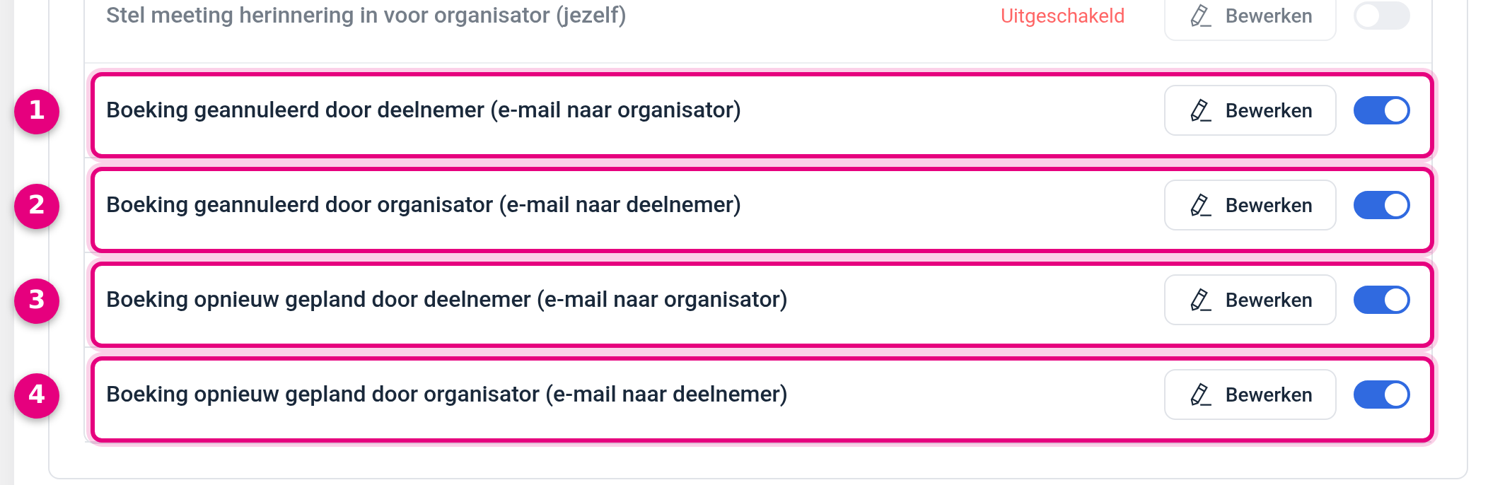 Tabblad E-mail melding met de vier mailsjablonen voor annuleren en opnieuw inplannen