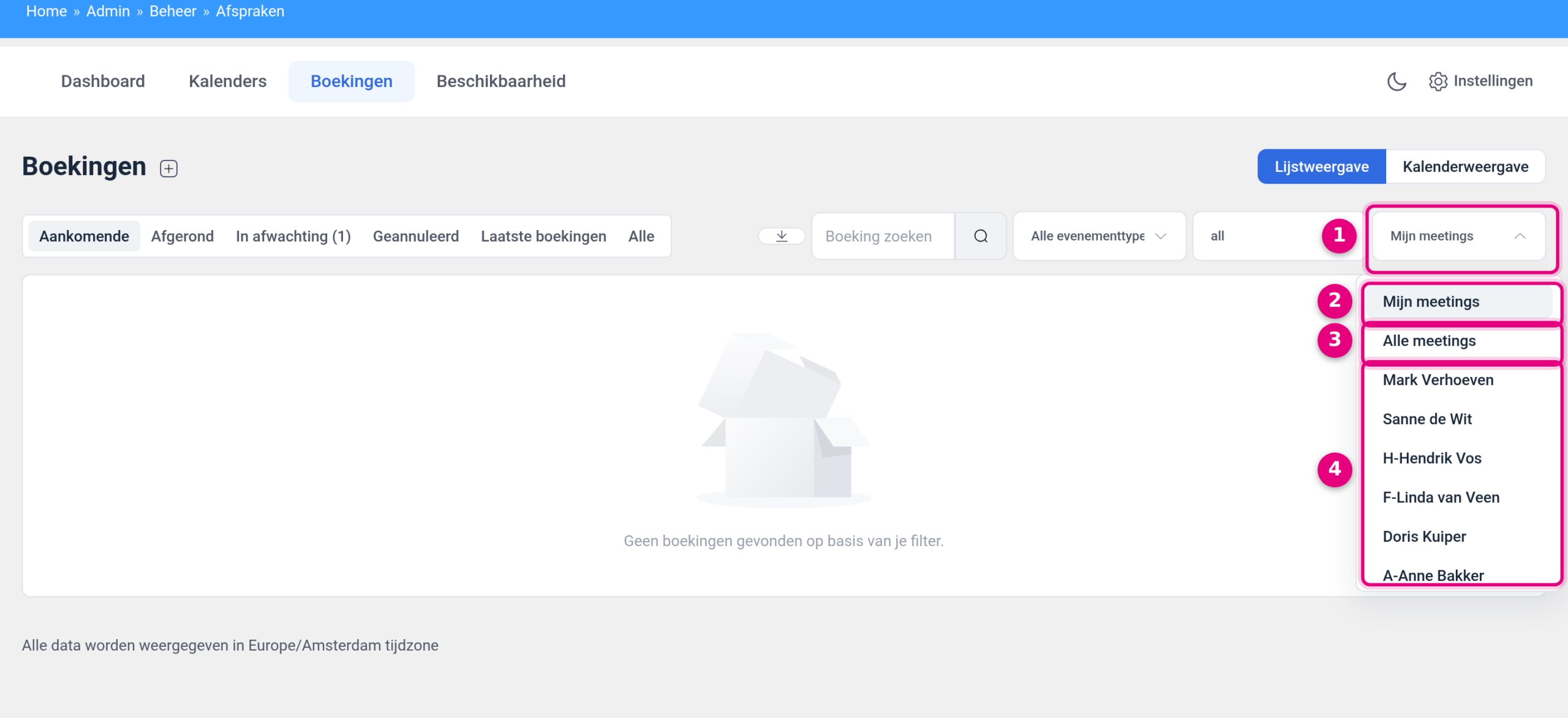 Het opengeklapte hostfilter met de opties Mijn meetings, Alle meetings en de losse kalenders