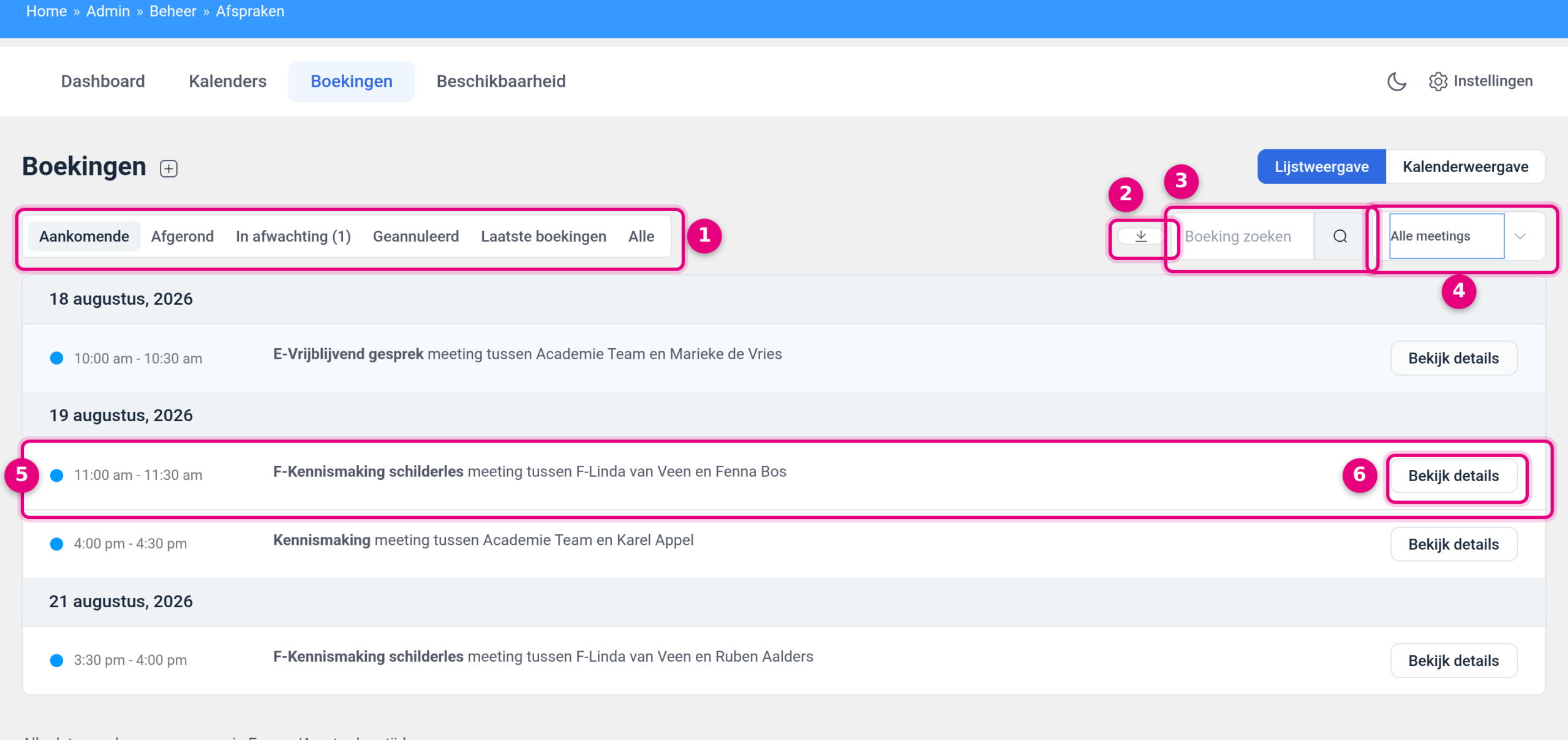 De gevulde lijstweergave met statusfilters, zoekveld, exportknop en per boeking de knop Bekijk details