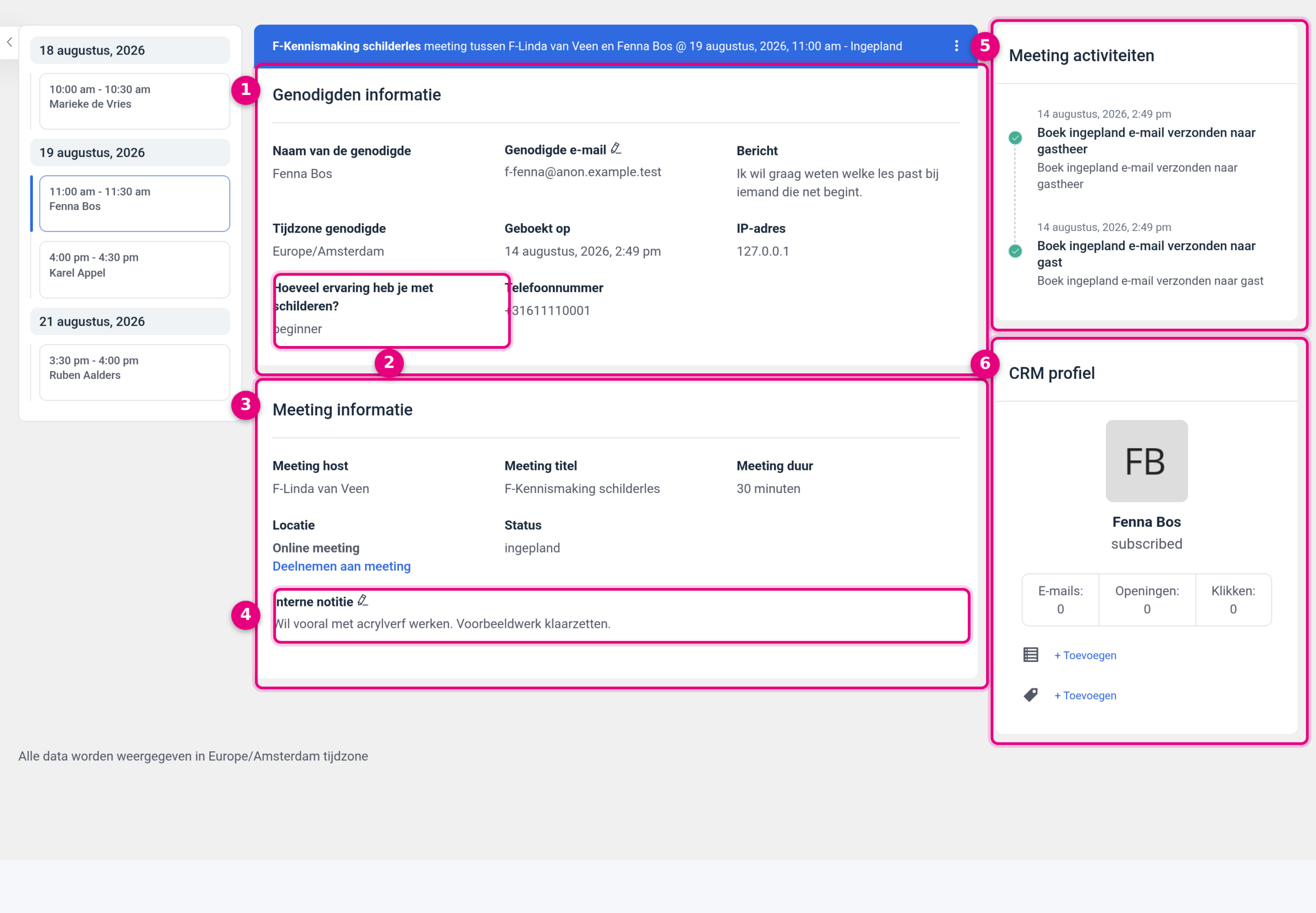 De detailweergave van een boeking met de blokken Genodigden informatie, Meeting informatie, Meeting activiteiten en CRM profiel