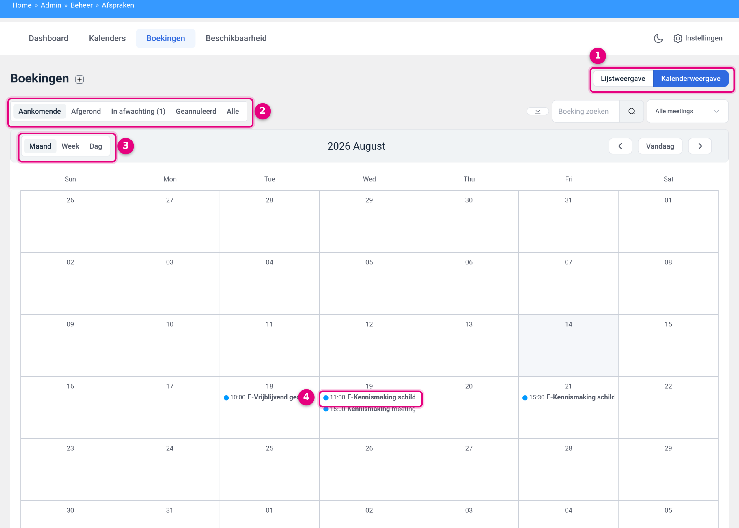 De kalenderweergave van het scherm Boekingen met de maandkalender en de knoppen Maand, Week en Dag