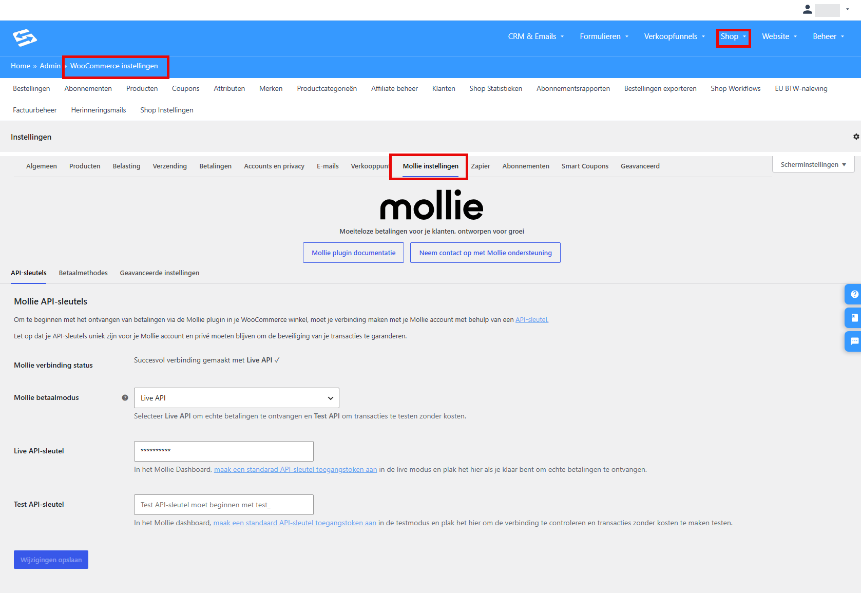 De Mollie-instellingen in de Autorespond-shop met het veld Live API-sleutel en de verbindingsstatus