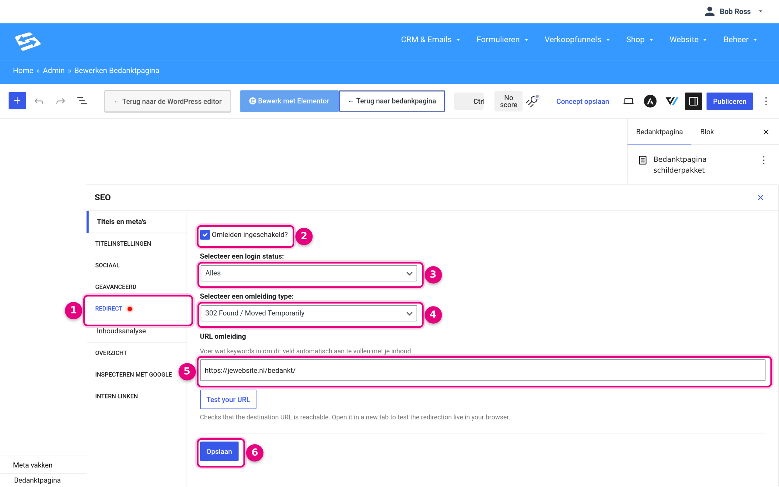De Redirect-tab van het SEO-paneel op de bedanktpagina-stap, met omleiding ingeschakeld, type 302 en een externe URL