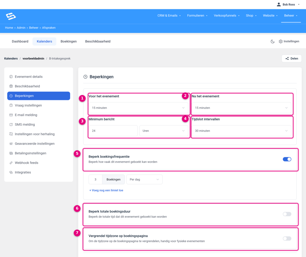 Het tabblad Beperkingen met buffertijden voor en na het evenement, minimum bericht, tijdslot intervallen en de schakelaars voor boekingsfrequentie, totale boekingsduur en tijdzone vergrendelen