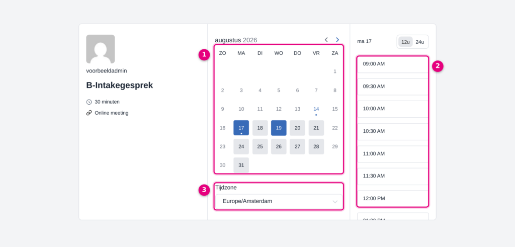 De boekingspagina met de maandkalender, de beschikbare tijden van de gekozen dag en de tijdzonekeuze