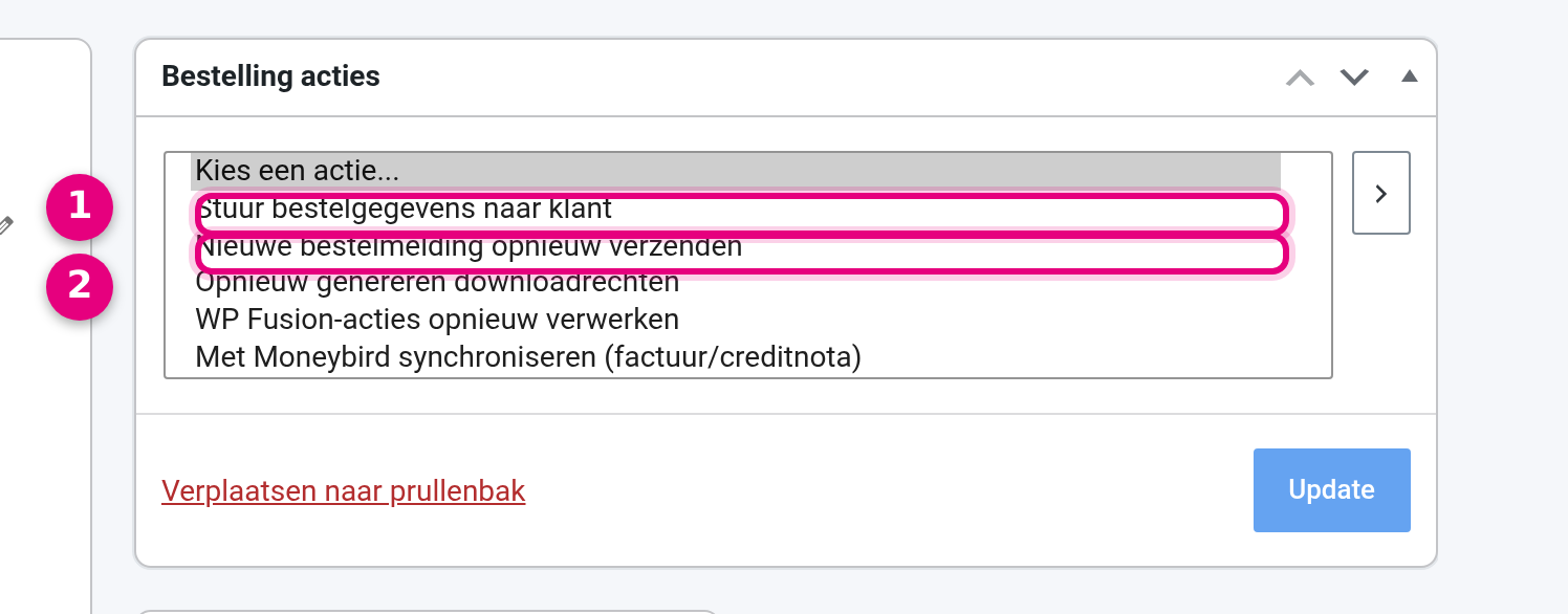Het blok Bestelling acties rechtsboven in het bestelscherm, met het uitklapmenu geopend