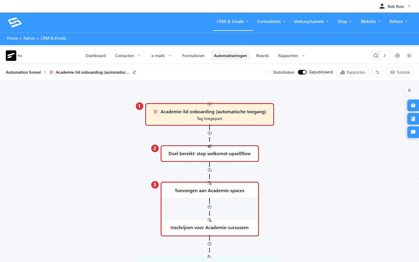 Automatisering met trigger Tag toegepast (1), de stopstap voor de upsellflow (2) en de onboarding-acties die toegang geven (3)