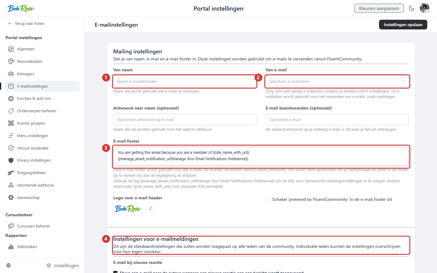 E-mailinstellingen van de community: afzendernaam (1), afzenderadres (2), e-mailfooter (3) en de standaard notificatie-instellingen (4)
