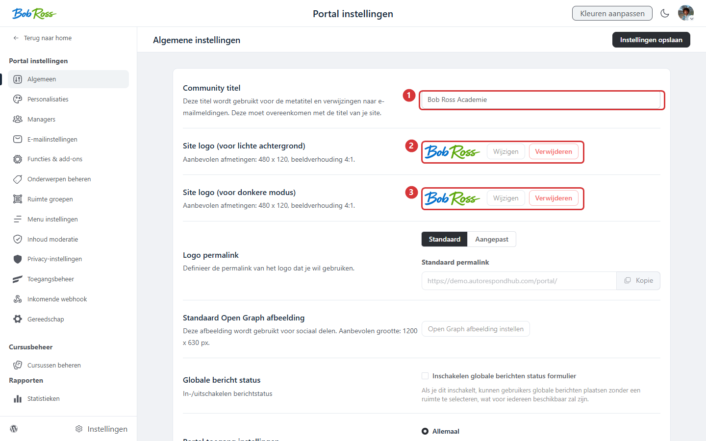 Algemene instellingen van het community-portaal met titel (1), logo voor lichte achtergrond (2) en logo voor donkere modus (3)
