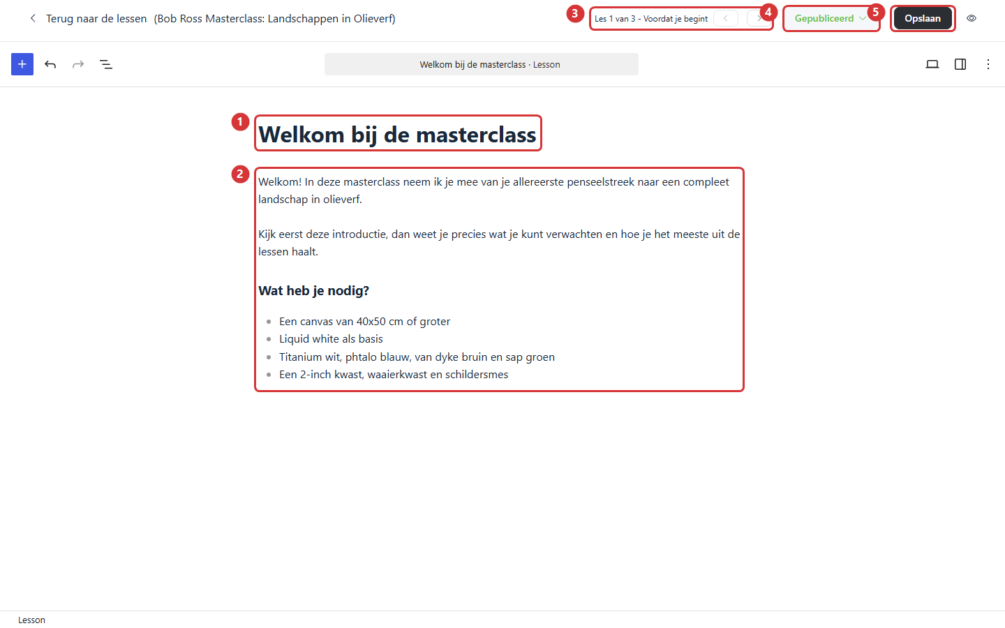 De les-editor met lestitel (1), lesinhoud in de blok-editor (2), navigatie tussen lessen (3), publicatiestatus (4) en opslaan (5)