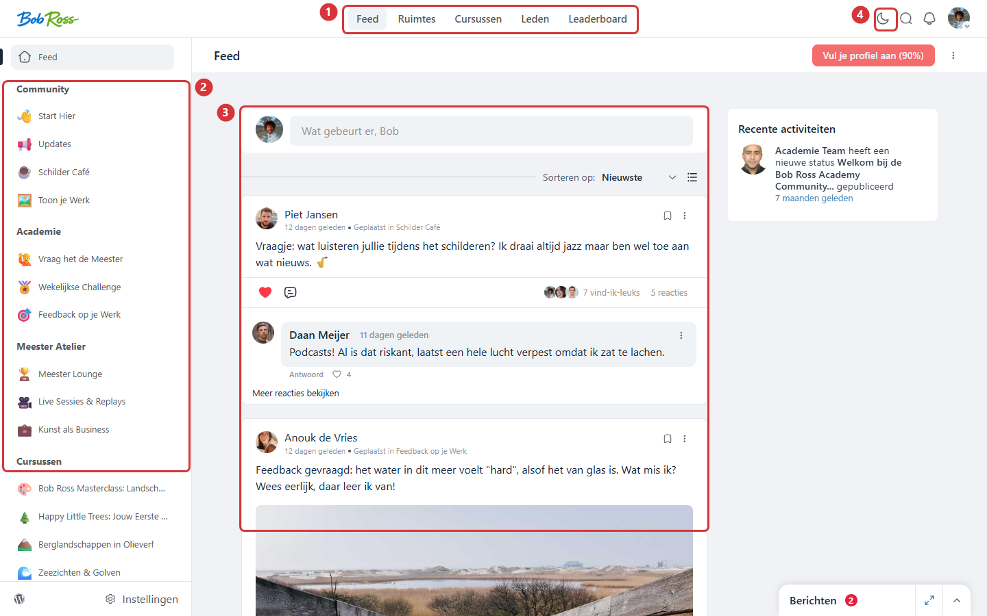 Het community-portaal met hoofdmenu (1), zijbalk met ruimte-groepen (2), de feed (3) en de knop voor donkere modus (4)