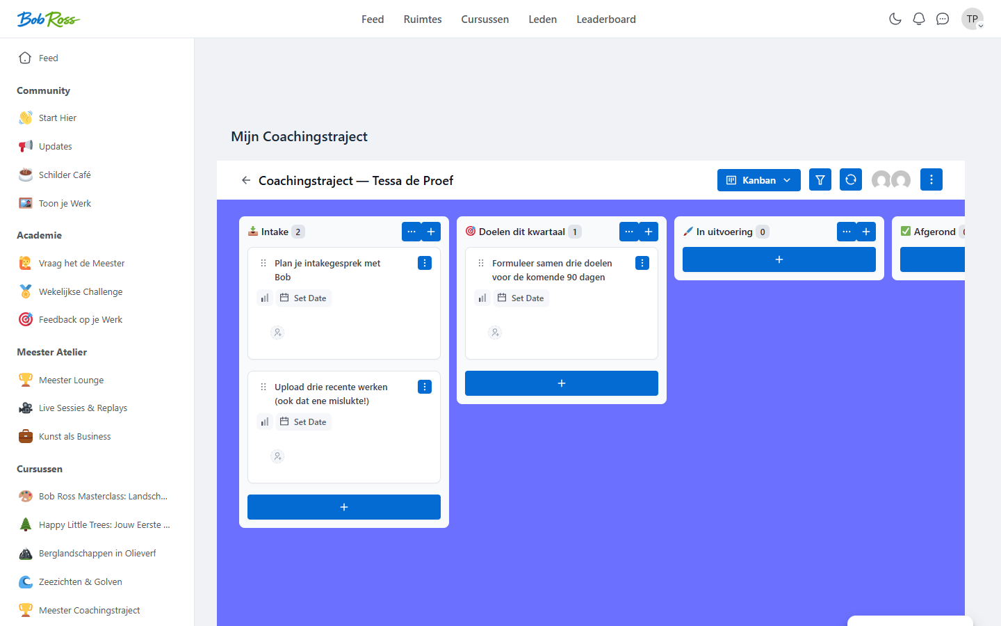 Een persoonlijk projectboard binnen het portaal met kolommen voor intake, doelen, uitvoering en afronding