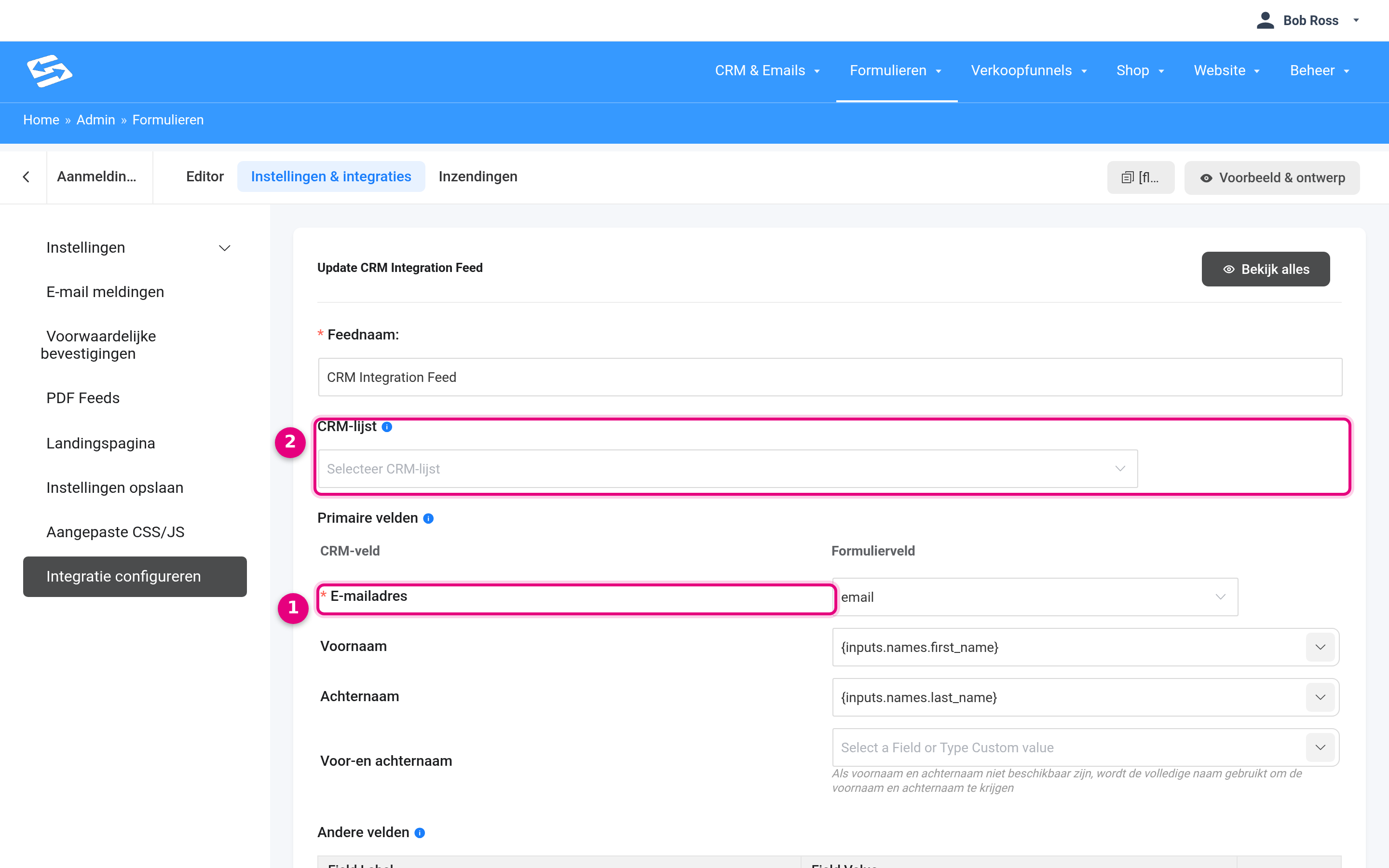 CRM-integratie-feed met het e-mailveld al gekoppeld; alleen de CRM-lijst nog kiezen en opslaan