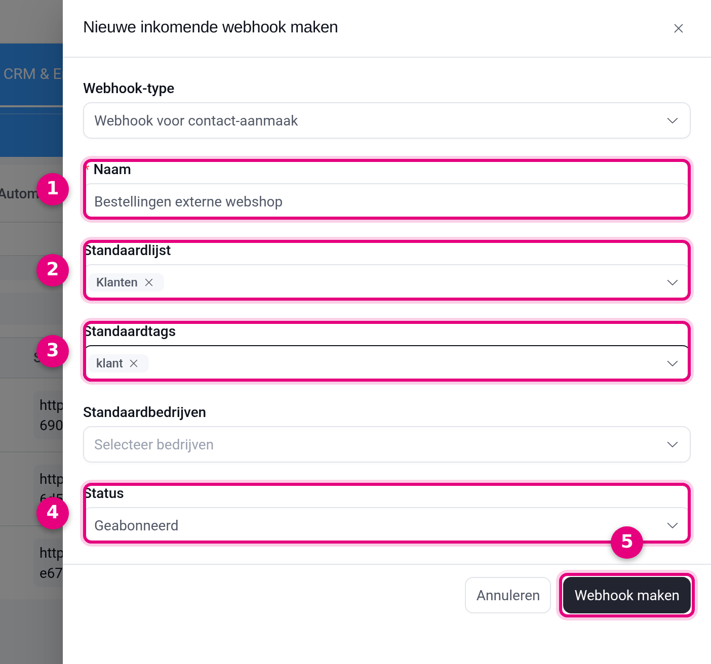 Formulier Nieuwe inkomende webhook maken met naam, standaardlijst, standaardtags en status