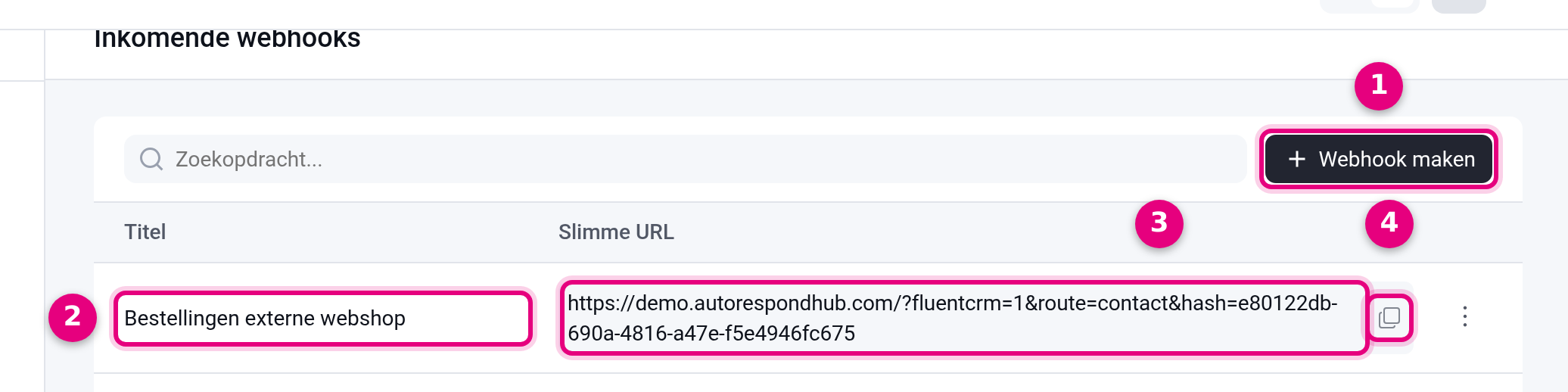 Overzicht Inkomende webhooks met de nieuwe webhook en de slimme URL met kopieerknop