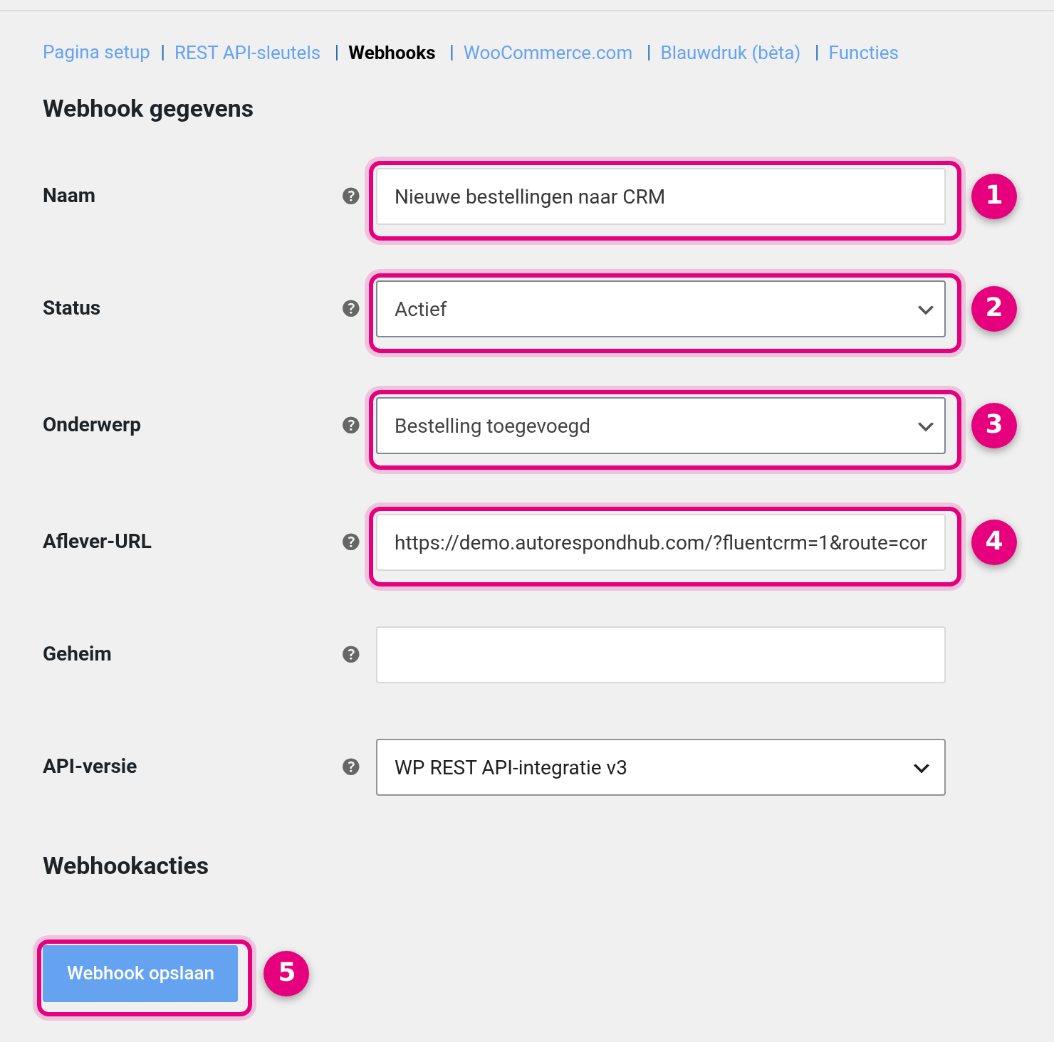 Webhookformulier in WooCommerce met Naam, Status, Onderwerp en Aflever-URL ingevuld