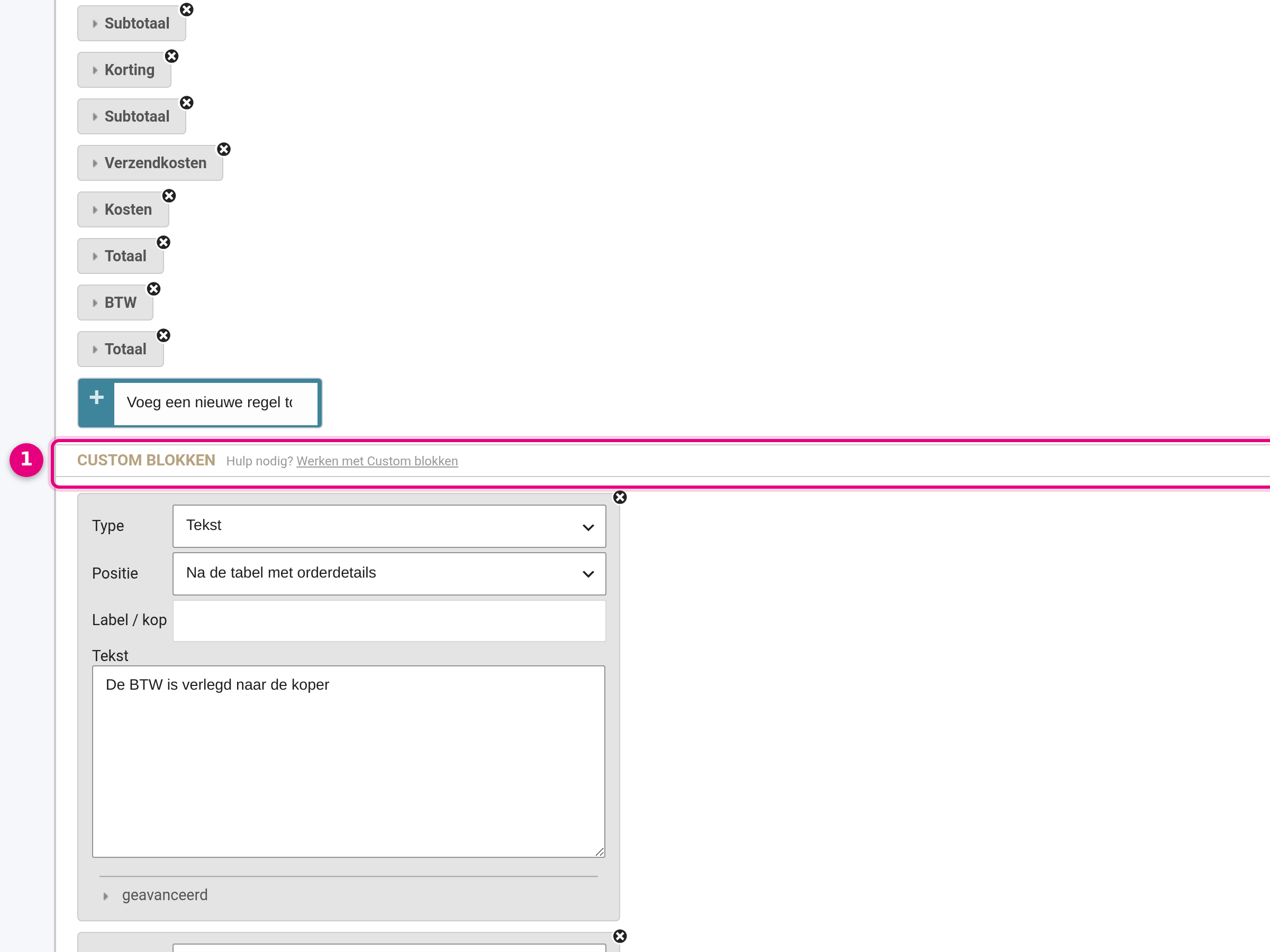De sectie Custom blokken in de factuur-customizer