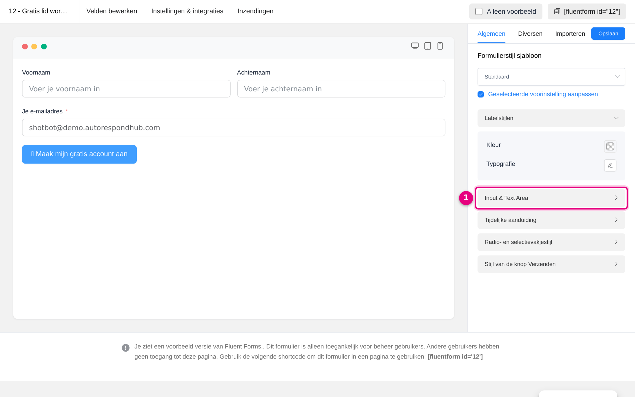 Voorbeeld en ontwerp met de sectie Input en Text Area