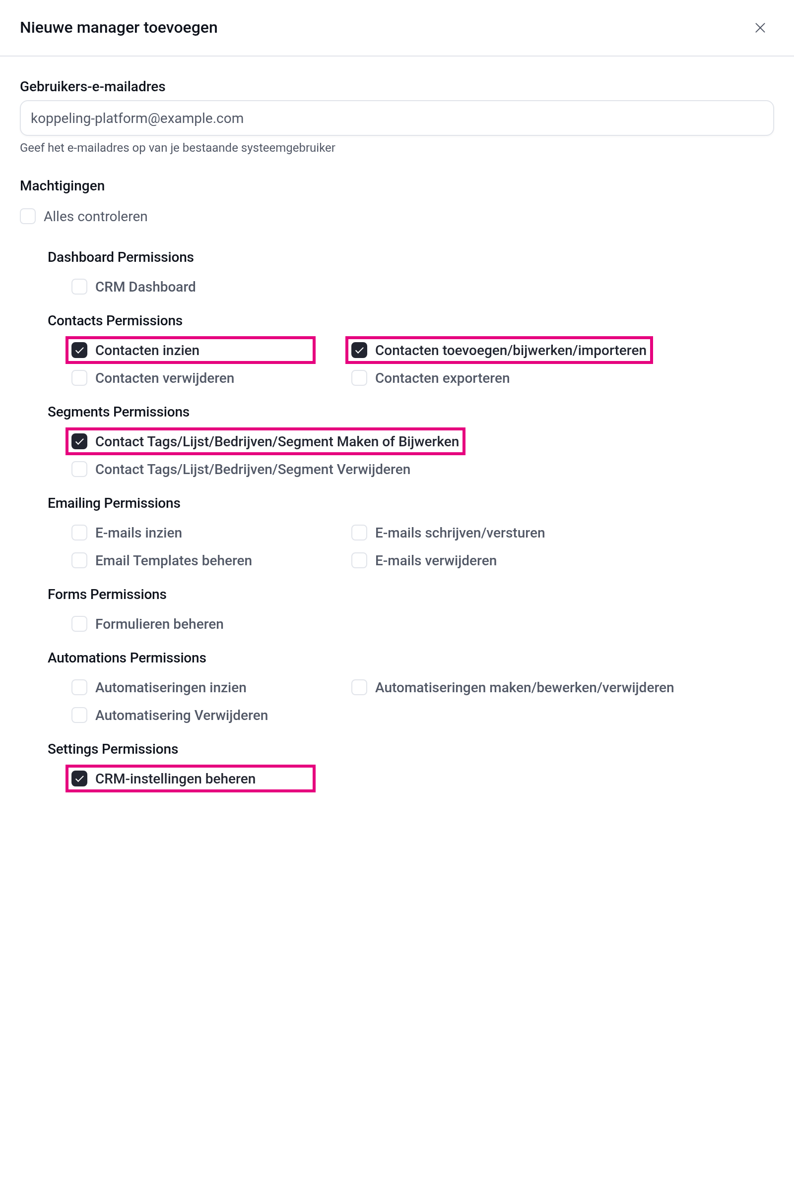 Nieuwe manager toevoegen met de vier rechten voor het koppelaccount