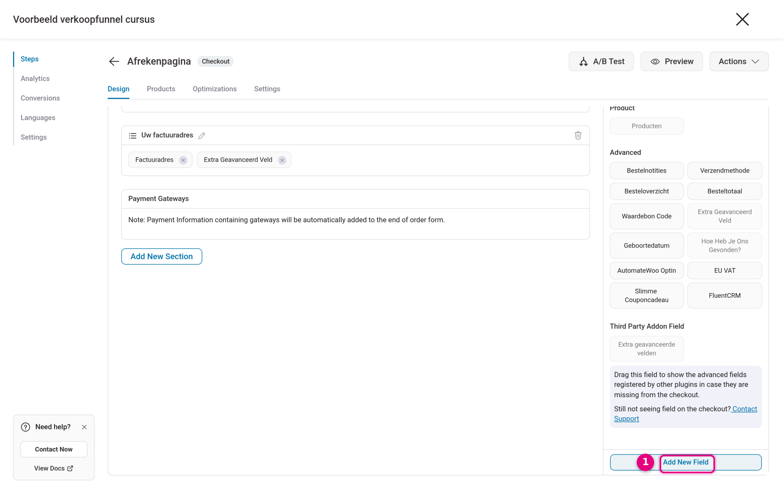 De checkout-stap van de funnel, tabblad Design, met het blok Checkout Form Fields.