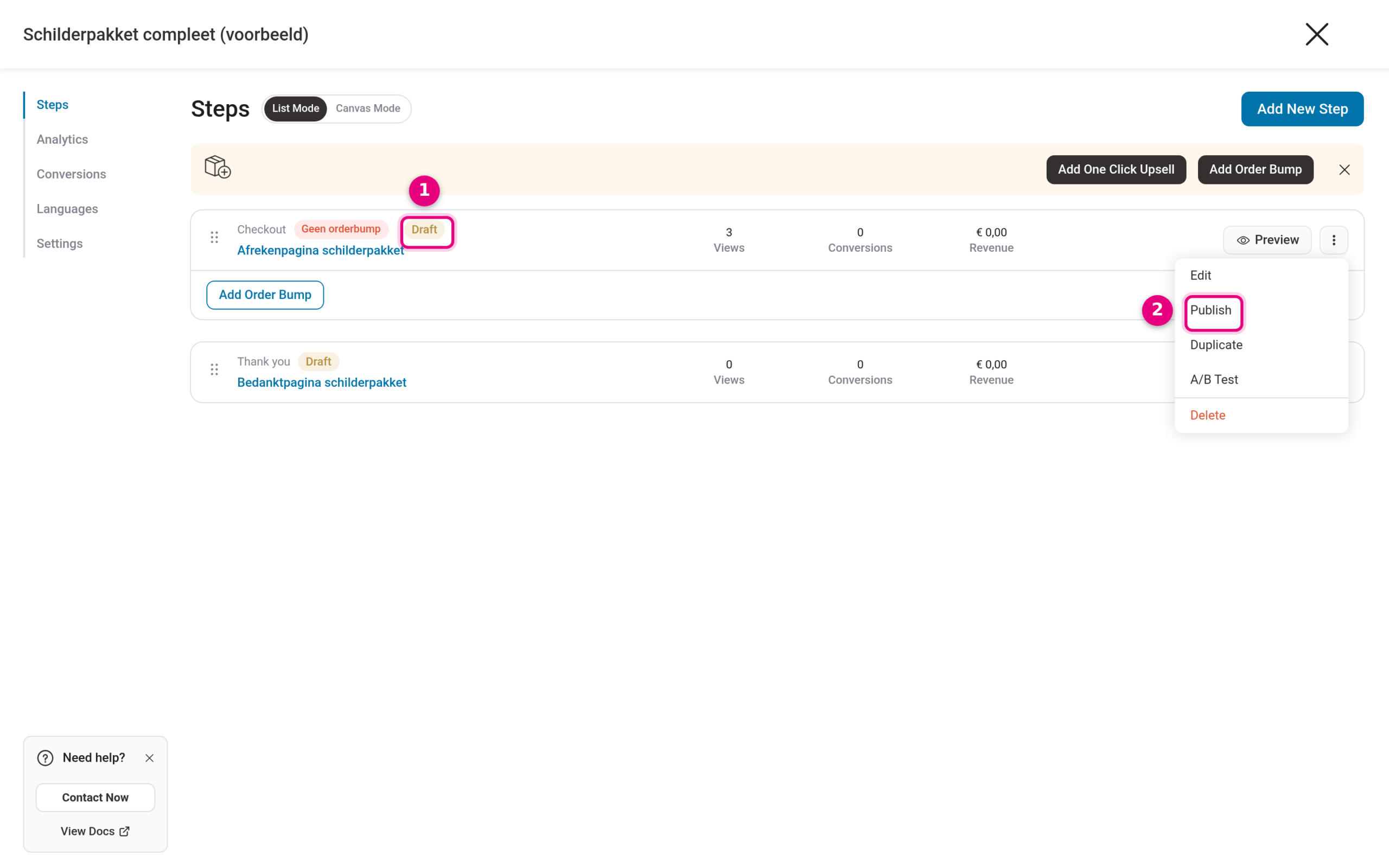 Stappenoverzicht van een funnel met Draft-labels en het menu met de optie Publish