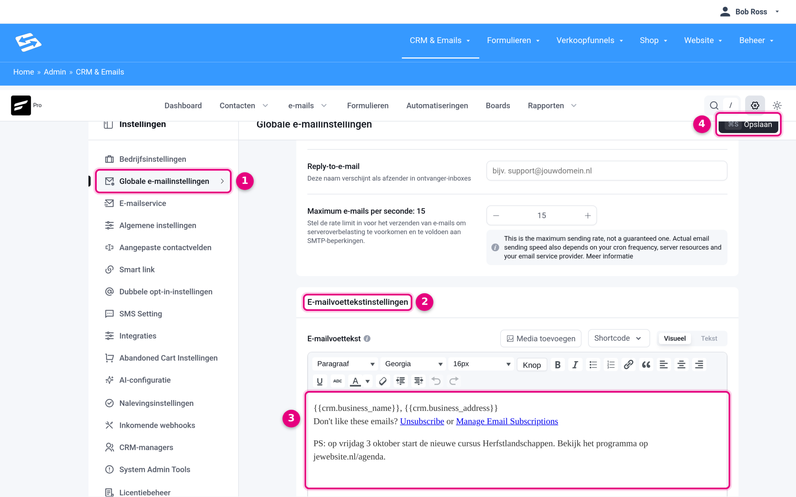 De algemene e-mailvoettekst aanpassen bij Globale e-mailinstellingen