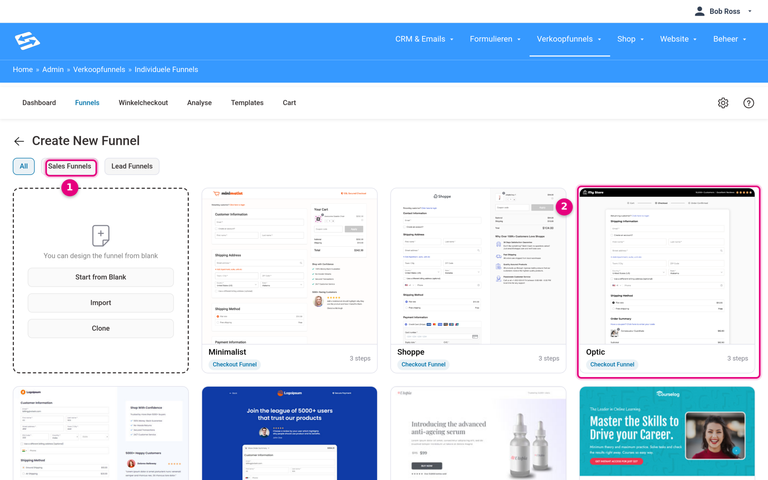 Sjabloongalerij bij het aanmaken van een nieuwe individuele funnel