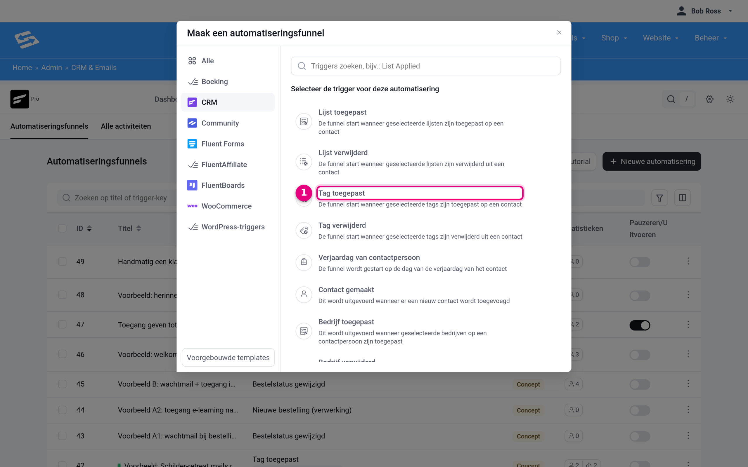 Het keuzescherm met triggers voor een nieuwe automatisering