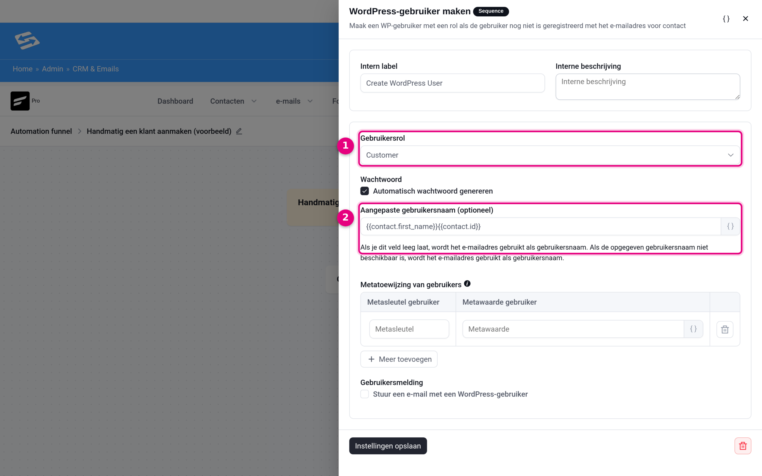 De instellingen van de actie WordPress-gebruiker maken