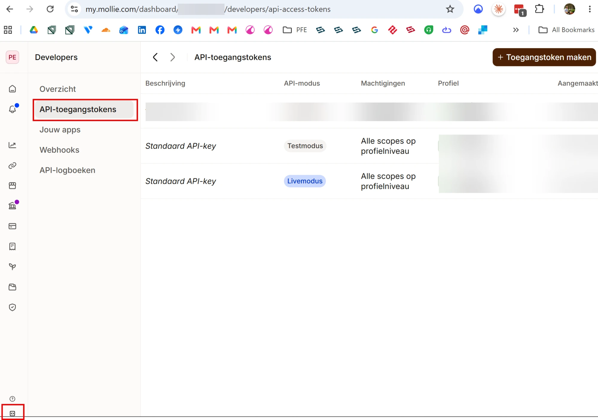 De pagina API-toegangstokens in het Developers-gedeelte van Mollie, met rechtsboven de knop Toegangstoken maken
