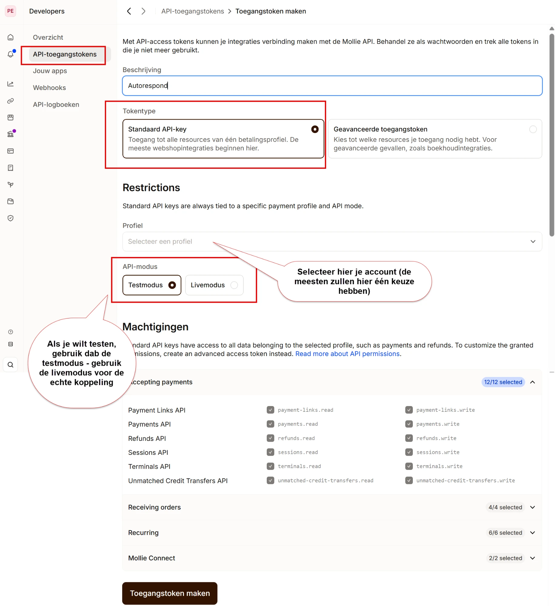 Het formulier Toegangstoken maken in Mollie, met tokentype Standaard API-key, profielkeuze en API-modus