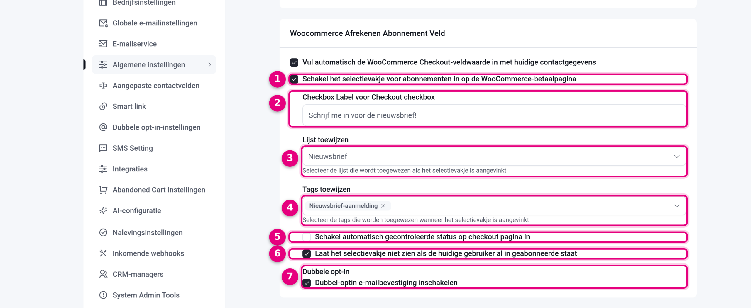CRM-instellingen met de sectie Woocommerce Afrekenen Abonnement Veld