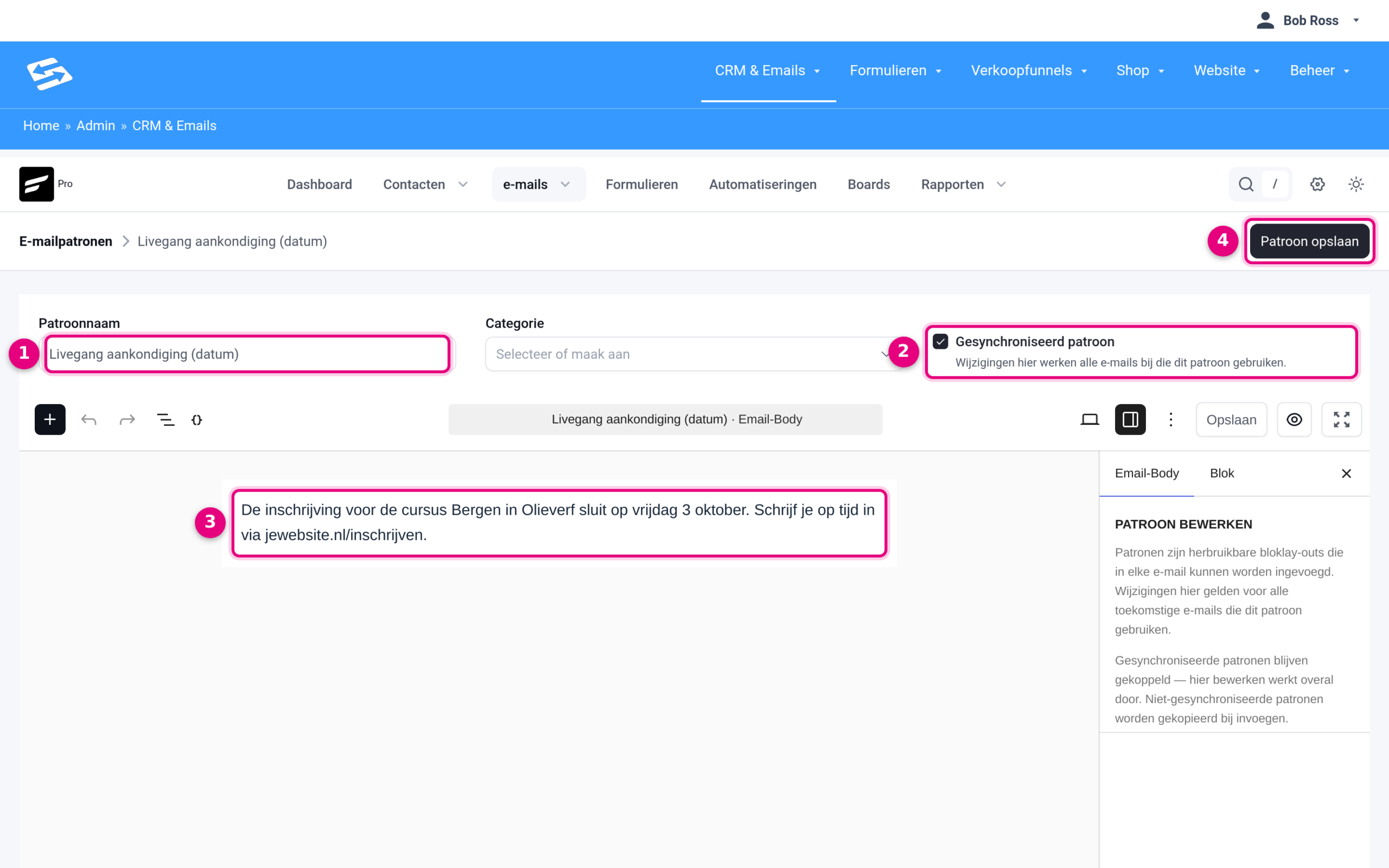 Een e-mailpatroon in bewerking met het vinkje Gesynchroniseerd patroon aan